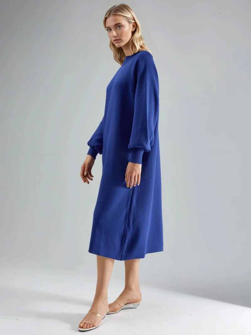 MY FASHION Cobalt Blue MY FASHION Long Loose Fit Ribbed Knit Dress with Crew Neck for Women | Best Price UAE